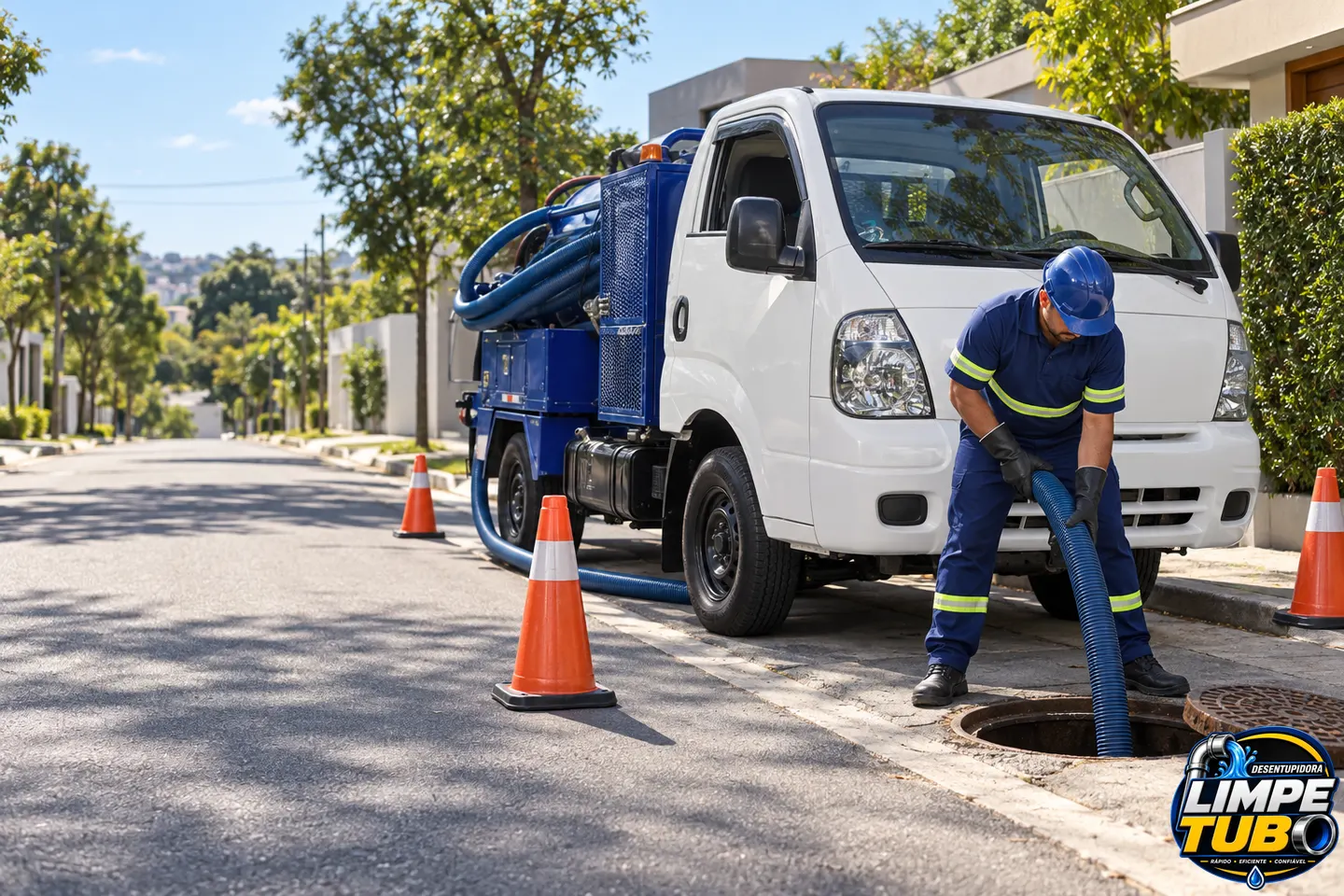 técnico da Limpetubo realizando desentupimento em área residencial