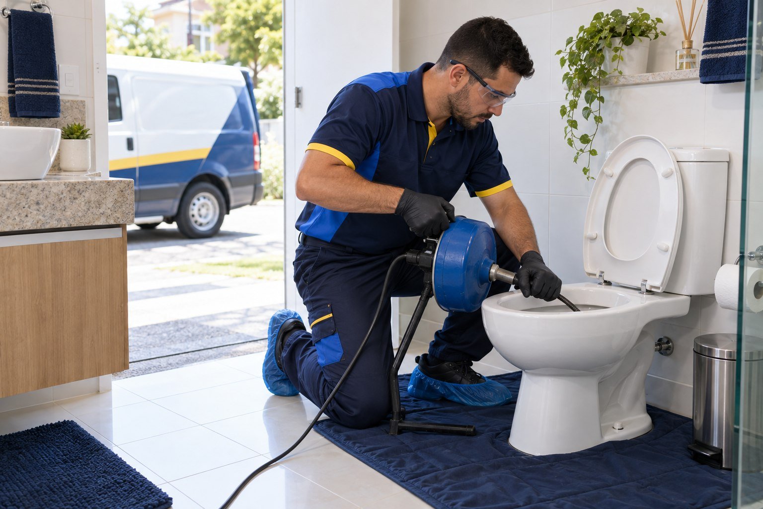 técnico da Limpetubo desentupindo um vaso sanitário com equipamento profissional