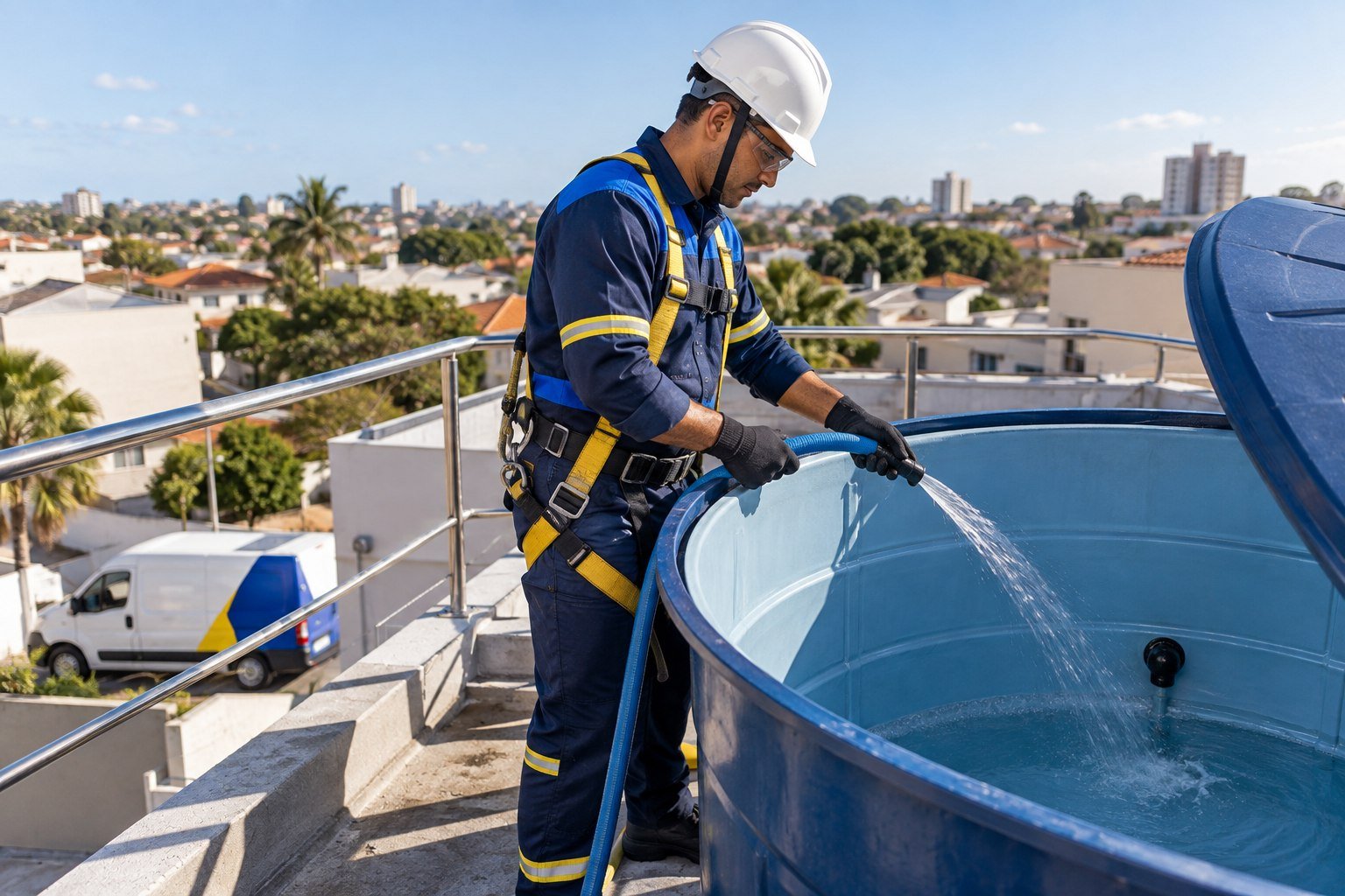 técnico da Limpetubo limpando uma caixa d’água com equipamento de segurança