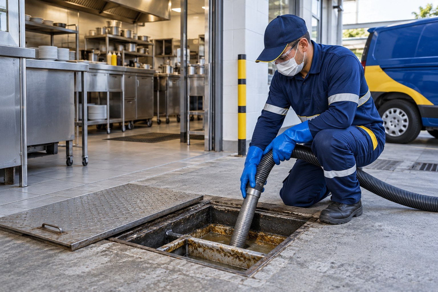 técnico da Limpetubo limpando uma caixa de gordura em cozinha comercial