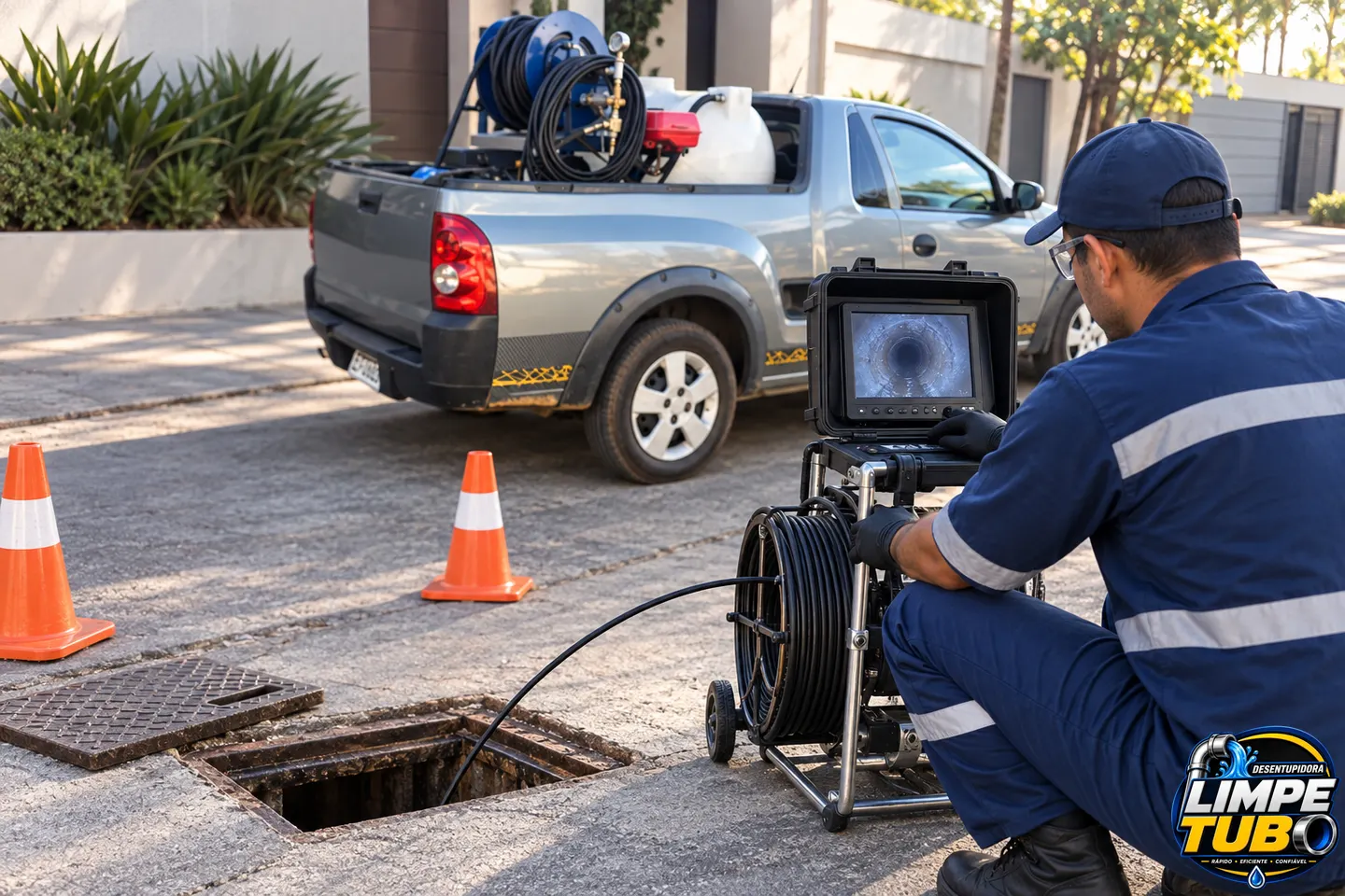 técnico realizando vídeo inspeção de tubulação com equipamento profissional